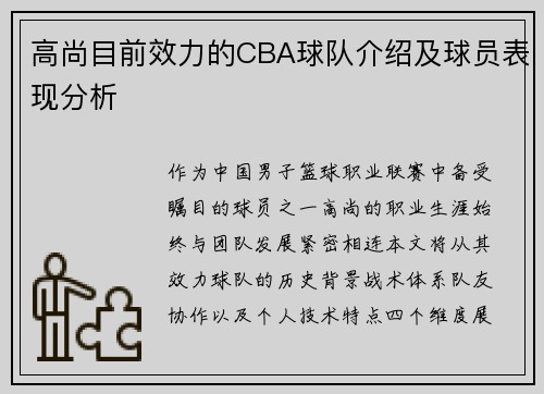 高尚目前效力的CBA球队介绍及球员表现分析