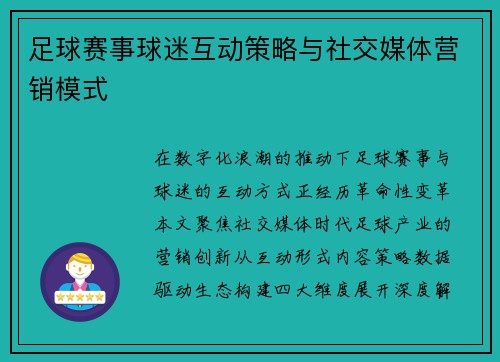 足球赛事球迷互动策略与社交媒体营销模式